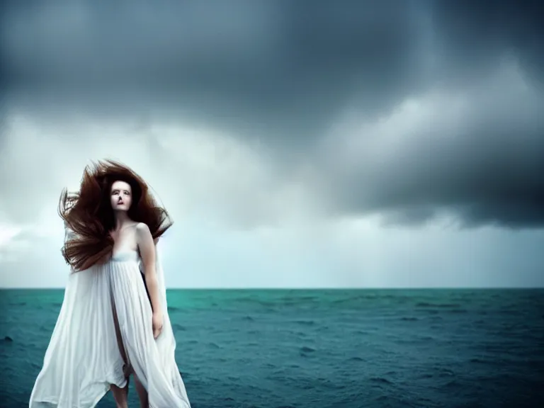 Image similar to cinestill 5 0 d photography portrait of a woman britt marling 3 / 4 style of nicholas fols, 2 0 0 mm, dress in voile, hair like dark clouds, hair floating on air, head in focus, mute dramatic colours, soft blur outdoor stormy sea background, volumetric lighting, hyper detailed, hyper realistic