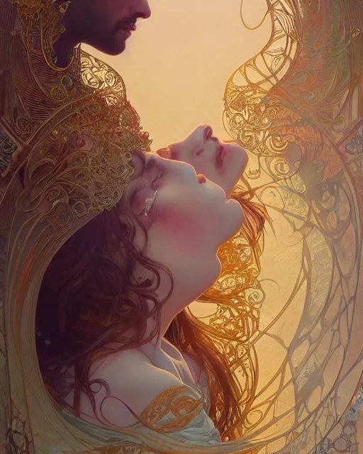 Image similar to the kiss | highly detailed | very intricate | art nouveau | gold filigree | romantic storybook fantasy | soft cinematic lighting | award - winning | painted by mandy jurgens and alphonse mucha and alena aenami | pastel color palette | featured on artstation