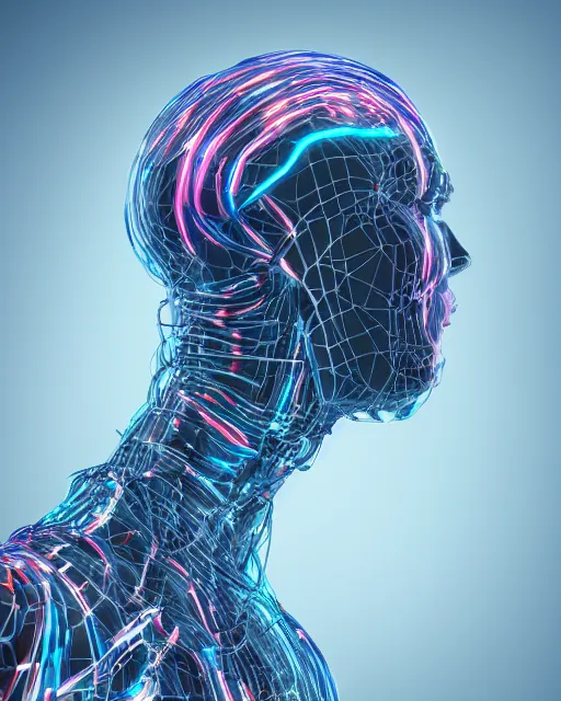 Prompt: a human cyborg with limbs stretches out tied with electrical cables connected to an infinite supercomputer, flood of color and images flowing from his head, 3 d render, octane, insane details