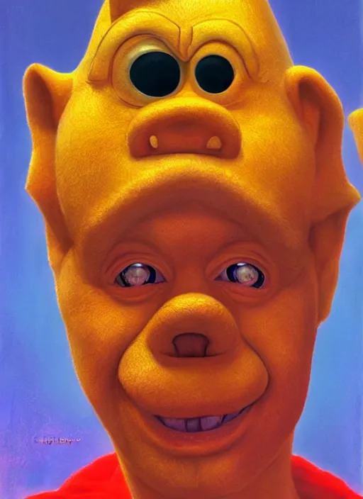 Image similar to a portrait of steve buscemi as Teletubby by Gerald Brom , Craig mullins and Pixar, dutch angle, Framed, 8k