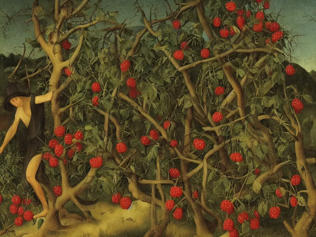 Prompt: perfect young man hiding between wild thorns and raspberries. Shadows loom over the land. Painting by Bosch, Bekinski.