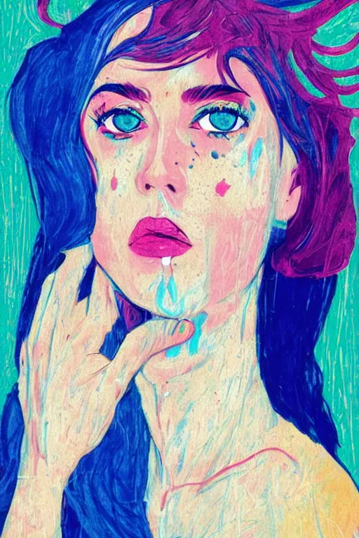 Prompt: 🤤 girl portrait, abstract, rich in details, broken composition, coarse texture, concept art, visible strokes, colorful, blue hair, art by Kirchner, Gaughan, Caulfield, Aoshima, Earle