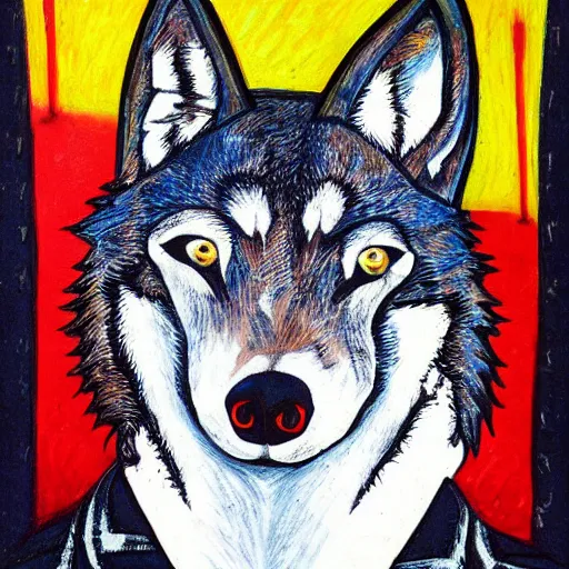 Prompt: retarded funny wolf portrait, expressionism style