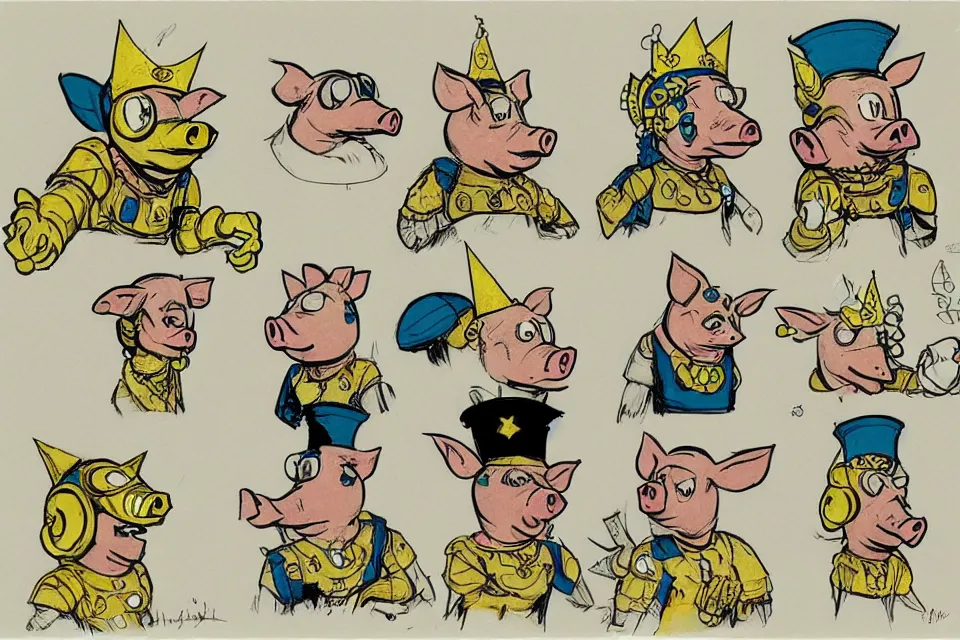 Prompt: concept sketches of a pig wearing a gold crown by jamie hewlett, in the style of megaman