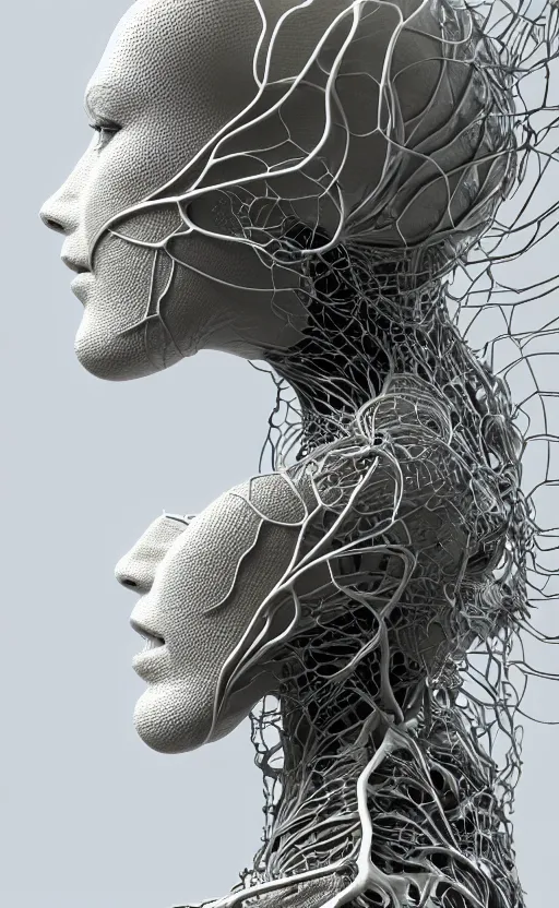 Image similar to complex 3d render of a beautiful profile woman face, vegetal dragon cyborg, 150 mm, beautiful natural soft light, rim light, silver details, magnolia stems, roots, fine lace, maze like, mandelbot fractal, anatomical, facial muscles, cable wires, microchip, elegant, highly detailed, white metallic armour, smoke vapour tornado, octane render, black and white, H.R. Giger style