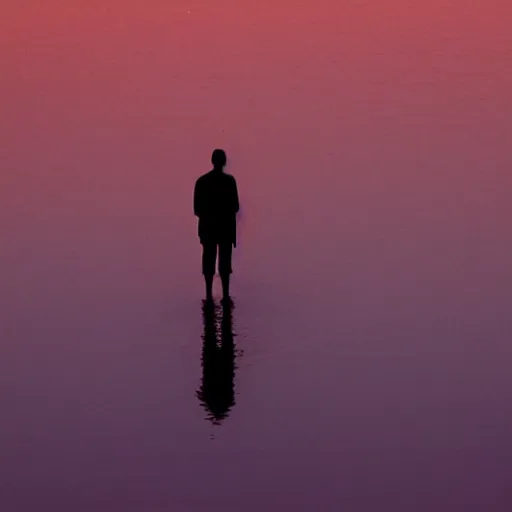 Prompt: a lonely dark figure wading through a red lake