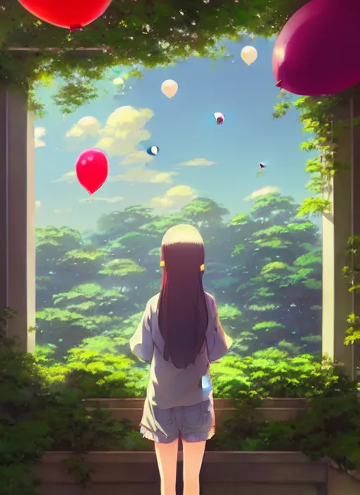 Image similar to girl stand in the a balcony where plants and flowers all around, she is watching a lot of balloons flying over, epic perspective, illustration concept art anime key visual trending pixiv fanbox by wlop and greg rutkowski and makoto shinkai and studio ghibli