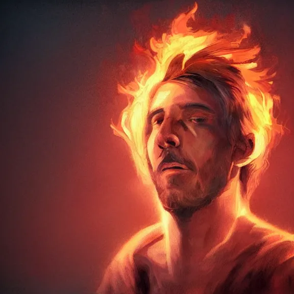 Image similar to marco bucci. digital painting of man on fire. Handsome. Long hair. portrait. ArtStation. Rule of thirds. Silouette. Pain.