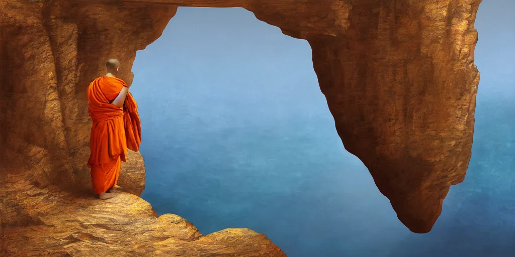 Image similar to A cliff with a narrow ledge looks out onto a vast ocean a monk sits on the ledge in the lotus position, cinematic lighting, detailed oil painting, hyperrealistic, 8k