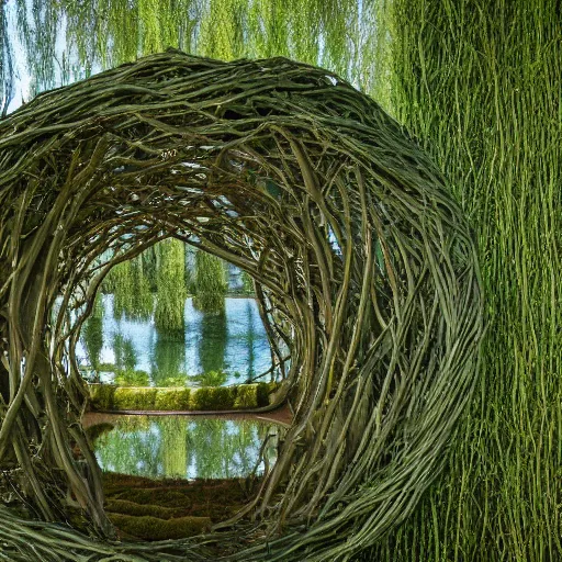 Prompt: living willow sculpture of a dome, by Patrick Dougherty, high detail, 8k, nature photography