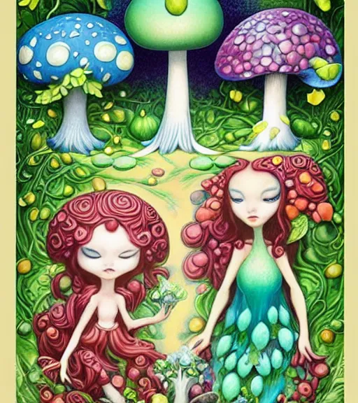 Prompt: Mushroom dryad by Jeremiah Ketner and Hiroyuki Mitsume-Takahashi and Goro Fujita and Mark Ryden