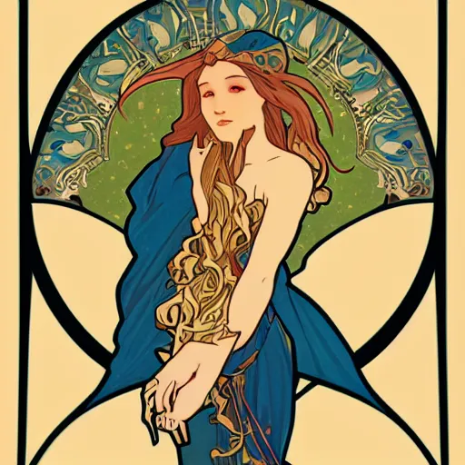 Prompt: “Art Nouveau poster of dolphin in style of Alphonse Mucha, 8k”