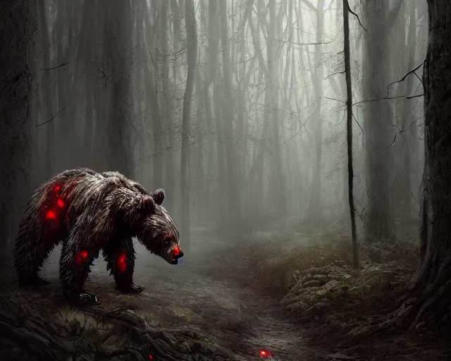 Image similar to 5 5 mm portrait photo of an armored demonic undead rotting bear with red eyes looking at the camera, in a magical forest. magical atmosphere. art by greg rutkowski and luis royo. highly detailed 8 k. intricate. lifelike. soft light. nikon d 8 5 0.