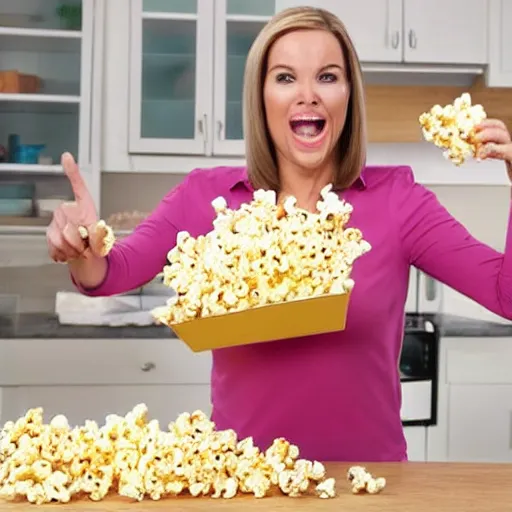 Prompt: an infomercial character unable to carry all the popcorn, popcorn overflowing their arms in a comical fashion getting everywhere uncontrollably