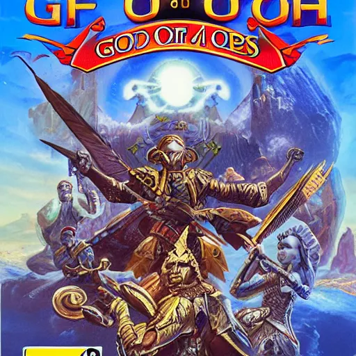 Image similar to video game box art of a commodore 6 4 game called of gods and men, 4 k, highly detailed cover art.