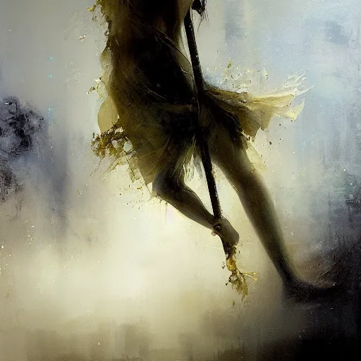 Image similar to painting of a beautiful surreal Harpey clutching a staff of luminous gold, veiled by mist, treading on a cloud, by Jeremy Mann and Jason Jenicke, detailed, stylized, loose brush strokes, intricate, realistic, exaggerated lighting, sense of scale, ferocious, sensual