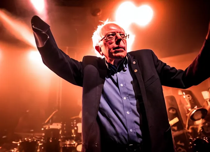 Image similar to publicity photo still of bernie sanders in a death metal band playing live on stage, 8 k, live concert lighting, mid shot