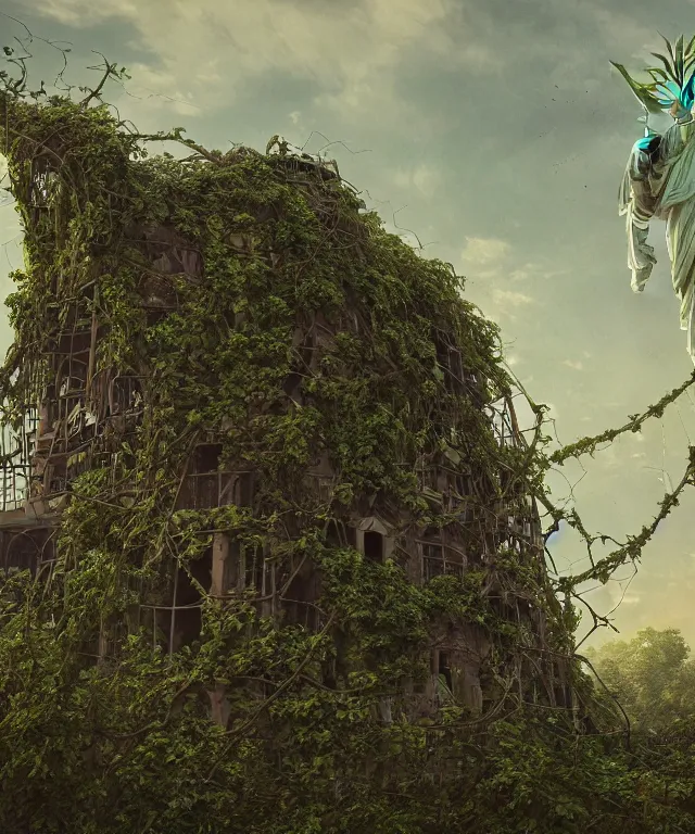 Prompt: highly detailed digital matte painting of an overgrown, abandoned, damaged Lady of Liberty, taken back by nature, vines, nature. Full shot. By Raphael LaCoste and Ruan Jia and Robert McCall, postcyberpunk, geodesic dome, hyperdetailed, sunrise, wide shot, autochrome, octane render