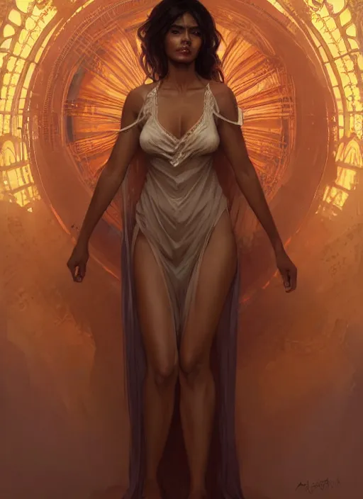 Image similar to cute brown woman wearing a transparent night gown, fantasy, intricate, highly detailed, digital painting, artstation, concept art, wallpaper, smooth, sharp focus, illustration, art by artgerm and greg rutkowski and alphonse mucha