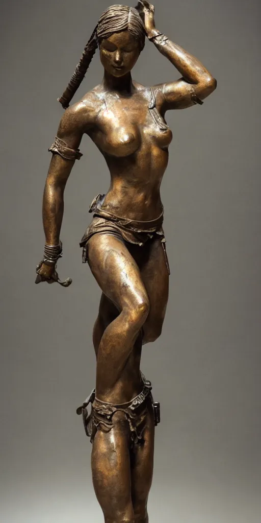 Image similar to detailed photo of old bronze patina statue of a lara croft dancing woman, full body, photorealism, intricate detail, museum diffuse lighting