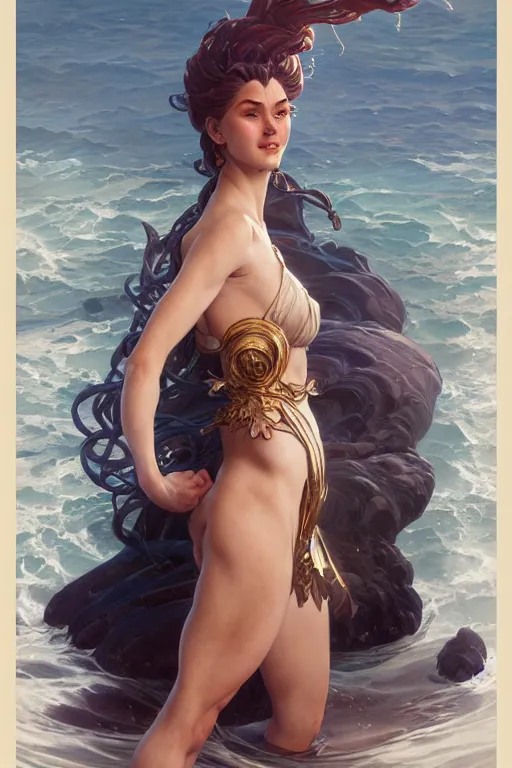 Image similar to goddess of the ocean, accurate anatomy, only two hands, highly detailed, digital painting, artstation, concept art, smooth, sharp focus, illustration, Unreal Engine 5, 8K, art by Ross Tran and greg rutkowski and alphonse Mucha and Frank Frazetta