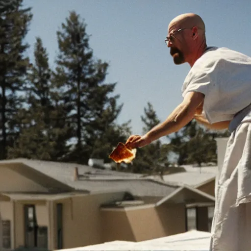 Prompt: walter white throwing a pizza onto the roof of a house, film still, wide shot, beautiful, ethereal, mythical