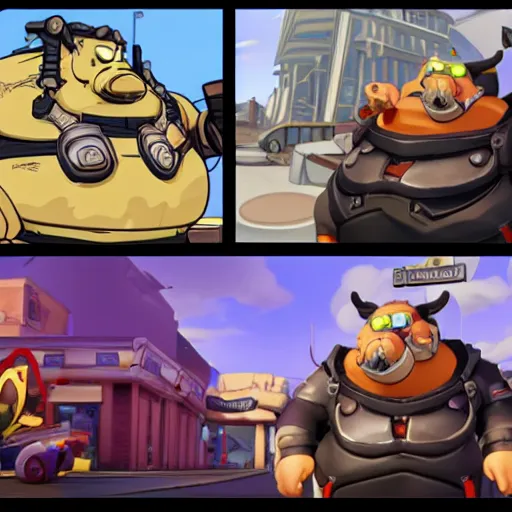 Prompt: Roadhog from Activision Blizzard’s Overwatch video game eats at McDonald’s with Obama
