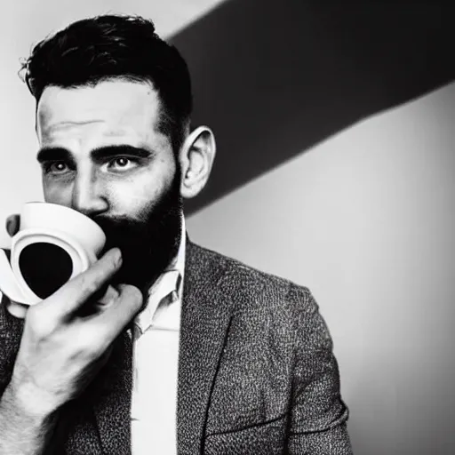 Image similar to a man drinking coffee except his eyes are missing