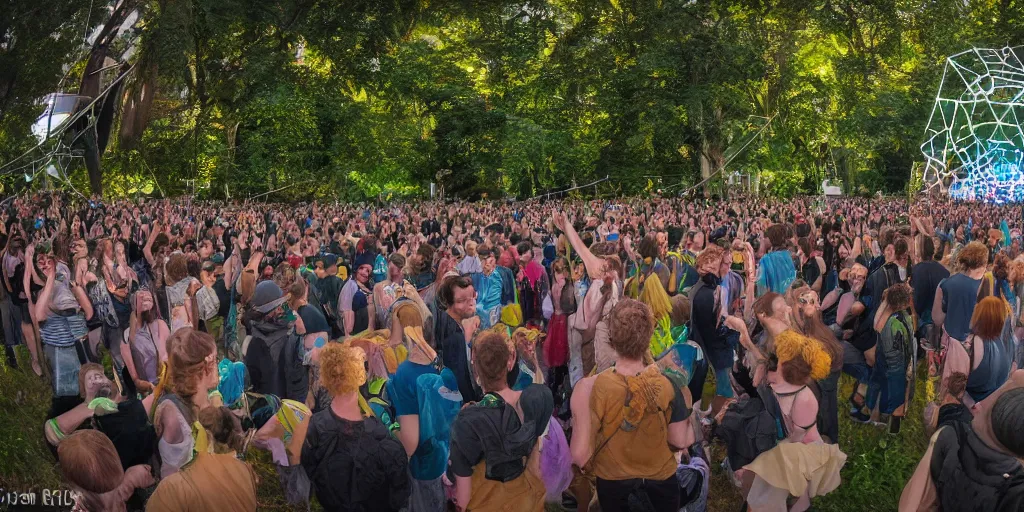 Image similar to an ecstatic crowd at a solarpunk festival listening a wired up cybernetic artifical intelligent synthesizer on a overgrown center stage playing music in the year 3 0 0 0, blissful, unreal, 4 k, hyperrealistic, refraction, 3 d, octane, architecture, by victor henrich, art nouveau, ultrawide, bloom filter, lush, harmony, solarpunk