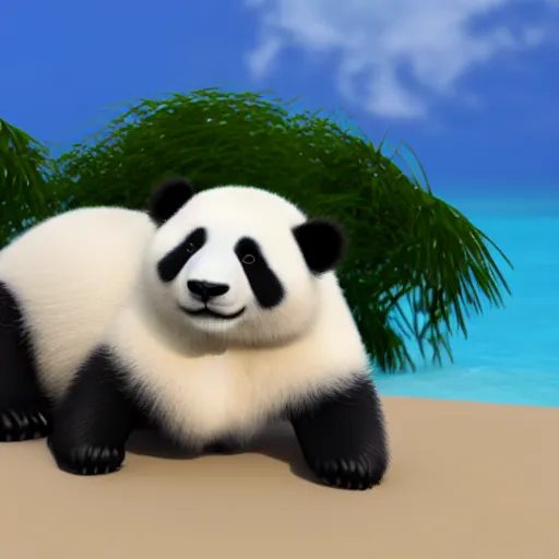 Image similar to 3 d render of a fluffy panda sunbathing on a beach,