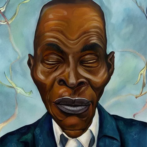 Image similar to a painting of a fatherly wide forehead, long nose, round face, XXL , loving, caring, generous, ever-present, humble, wise elder from Kenya in a suit by Wangechi Mutu . Fatherly/daddy, focused, loving, leader, relaxed,. ethereal lights, details, smooth, sharp focus, illustration, realistic, cinematic, artstation, award winning, rgb , unreal engine, octane render, cinematic light, macro, depth of field, blur, red light and clouds from the back, highly detailed epic cinematic concept art CG render made in Maya, Blender and Photoshop, octane render, excellent composition, dynamic dramatic cinematic lighting, aesthetic, very inspirational, arthouse.