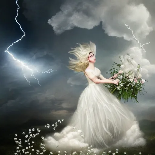 Prompt: a queen with a white large magnificent more and more vaporous ,wrapped ,hight decorated,detailed ,white roses cotton dress shooting surrounded by a bouquet of abstract white flowers and clouds during lightning storm ,surrealism 8k