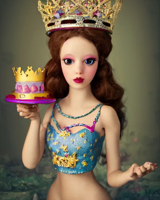 Image similar to closeup face profile portrait of a tin toy fairytale princess wearing a crown eating cakes in the castle, bikini, depth of field, zeiss lens, detailed, symmetrical, centered, fashion photoshoot, by nicoletta ceccoli, mark ryden, lostfish, breathtaking, 8 k resolution, extremely detailed, beautiful, establishing shot, artistic, hyperrealistic, octane render