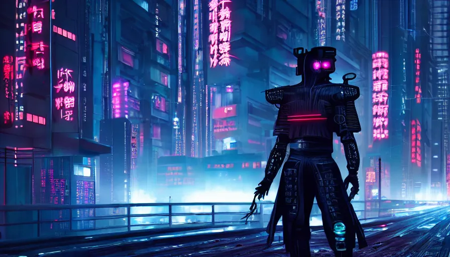 Image similar to movie still, an cyber samurai in night city,, cyberpunk horror style, cyberpunk, cyberpunk futuristic neo, detailed and intricate environment, octane render, unreal engine, 4 k