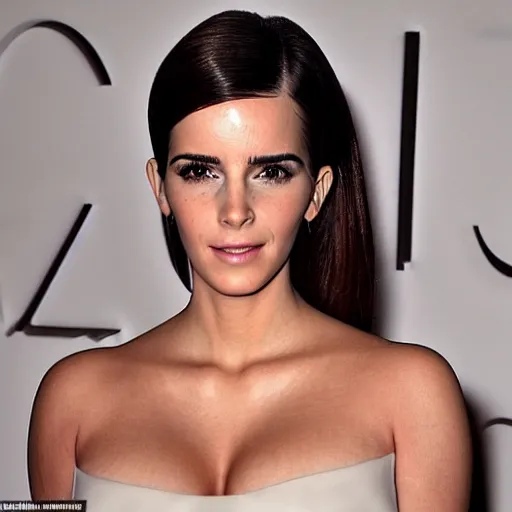 Image similar to a woman who is a genetic combination of kim kardashian and emma watson face and upper - body focus