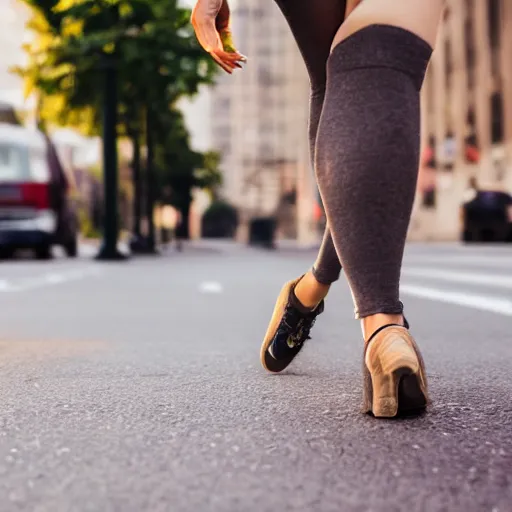 Prompt: a lower angle photography of a cozy woman doing a sexy walking in the middle of the street, realistic