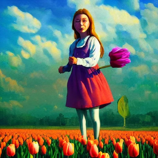 Image similar to dutch girl with singular giant tulip as a face, surreal photography, flower field, sunset dramatic light, impressionist painting, colorful clouds, blue sky, digital painting, artstation, simon stalenhag