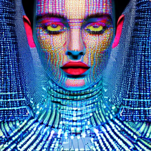 Prompt: hyperdetailed masterpiece portrait of a glossy dark blue metallic statue of a woman covered in colorful glowing digital circuits and hexagons, symmetrical, in the style of virgil abloh, offwhite, heron prestorn, denoise, vogue, paris, fashion, louvre museum, highly detailed, realistic, hyperreal, 8 k, 4 k, render