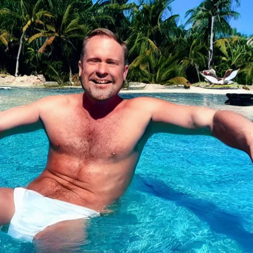 Image similar to photo of a 4 0 year old white man living the best life possible. he looks young for his age. women in bikinis can be seen behind him, it's as if he were in a music video and didn't know it.