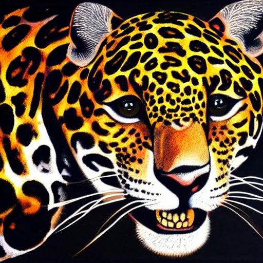 Prompt: a jaguar velvet painting, kitcsh inspired by edgar leetag, paint on black velvet canvas, american velvet painting, veveltaria