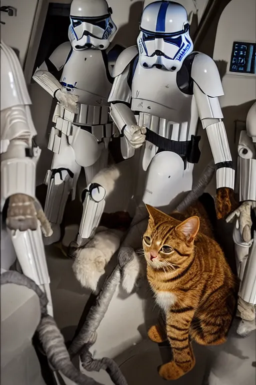 Prompt: star wars cats, cats put in different uniforms and situations, while aboard on a 1 2 mile capital ship. zoomed in shots, photorealistic, sharp focus, vintage cold colour temperture, f 0. 4, face centred, golden hour