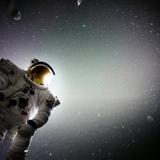 Image similar to photograph of an astronaut against the pitch black darkness of space, full body photo, lit from below, amazing light and shadow contrast,, 8 k