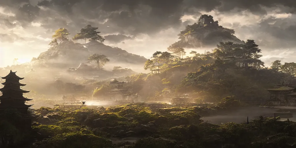 Image similar to an environmental concept art of ghost of tsushima, highly detailed, temple, god rays, environmental light, cinematic by francis tneh