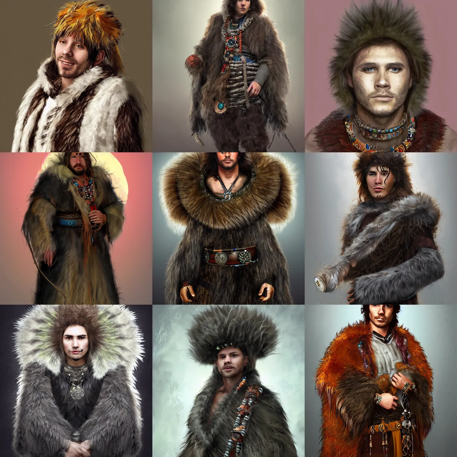 Prompt: Bjørn Skalldrasson, a young male shaman wearing a very worn bearskin cloak festooned with trinkets and junk, portrait, shaggy haircut, 8k resolution, full-length portrait, digital painting, fantasy illustration, D&D character art