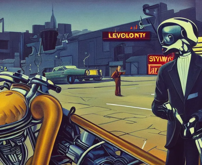 Prompt: a very detailed painting of a alien wearing a suit, riding a motorbike down a street, harley davidson motorbike, worm's - eye view, very fine brush strokes, very aesthetic, very futuristic, in the style of edward hopper and grant wood and syd mead, 4 k,