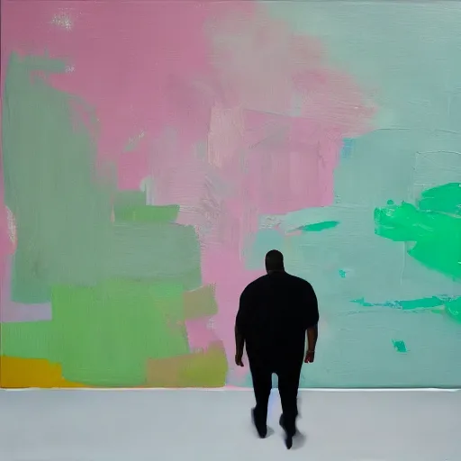 Image similar to _ in _ these _ paintings _ we _ see _ a _ big _ man _ who _ seem _ to _ be _ walking _ in _ circles in an empty void space, 4 k, in the style of ben quilty, hyper realism, minimal green and pink palette, medium shot, oil paint with thick brushstrokes of paint, impasto, detailed,