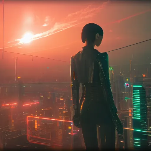 Image similar to « glowing neon lights, sunrise, cyberpunk, alita battle angel, blade runner,, cold, clouds, far view, photorealistic, unreal engine 5, sharp focus »