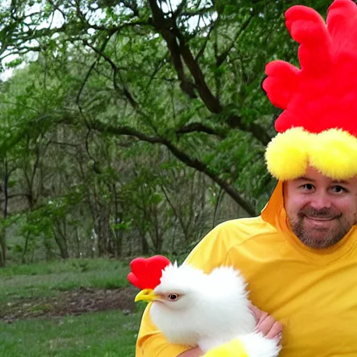 Prompt: he's wearing a chicken costume, i think