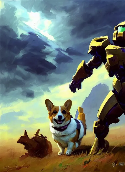 Image similar to Greg Manchess painting of A Corgi from Metroid Prime wearing Forerunner Armor from Halo, countryside, calm, fantasy character portrait, dynamic pose, above view, sunny day, thunder clouds in the sky, artwork by Jeremy Lipkin and Giuseppe Dangelico Pino and Michael Garmash and Rob Rey, very coherent asymmetrical artwork, sharp edges, perfect face, simple form, 100mm