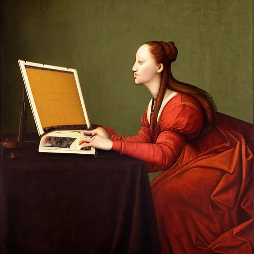 Prompt: a realistic renaissance portrait of hillary clinton hacking a computer, highly detailed, digital painting, featured on artstation, painted by leonardo da vinci, dramatic lighting